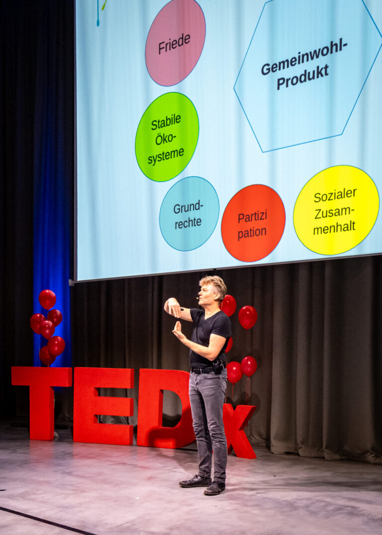 Christian Felber, Erfinder der Gemeinwohl-Ökonomie bei einem Talk. Bild Christian Felber.