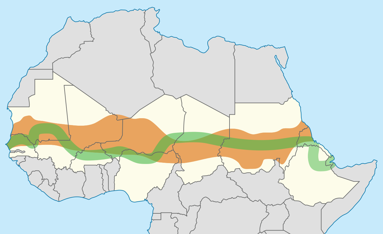 Map of route of Great Green Wall, participating countries and Sahel. CC created by https://t.ly/ZnoA