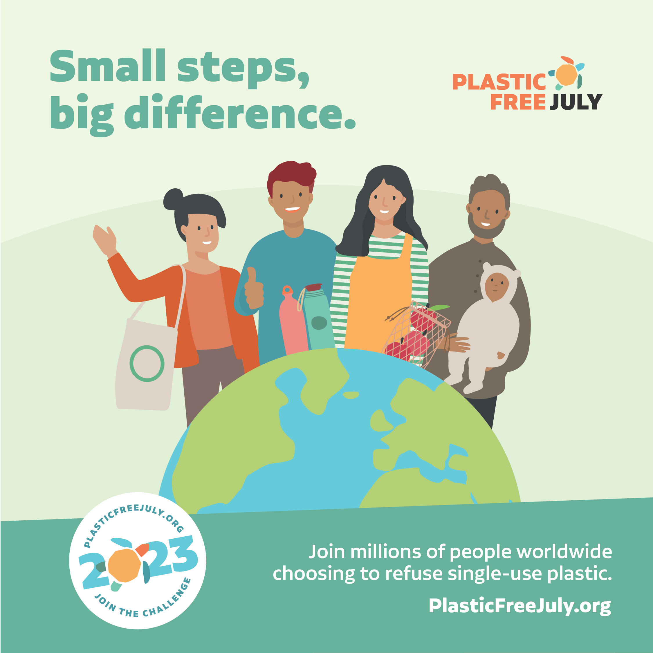 Jeder kann etwas machen am Plastic Free July. Graphik Plastik Free July.