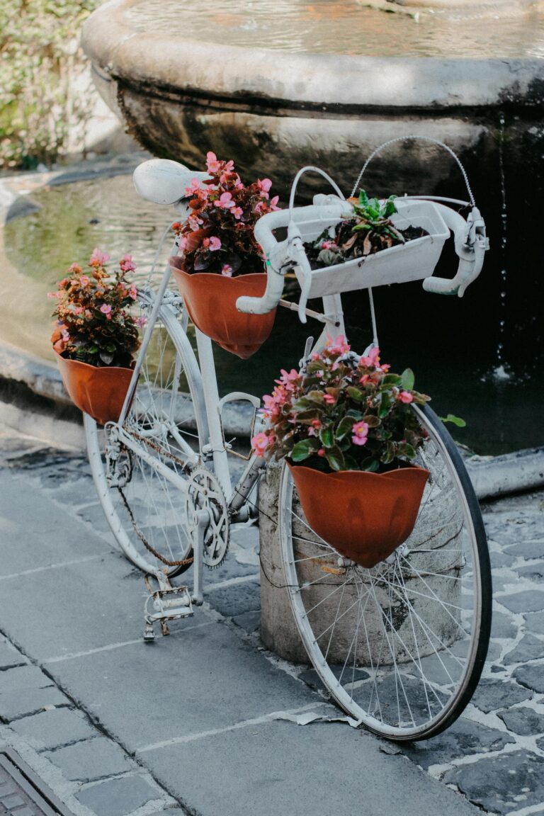 Ein altes Fahrrad kann in einen Blumenhalter umgewandelt werden . Foto von Nati: https://www.pexels.com/de-de/foto/stadt-strasse-blumen-garten-18277130/